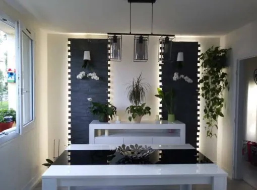 Pose de pierre de parement dans un salon à Sainte Lucie de Porto-Vecchio, Porto-Vecchio, LP 2A